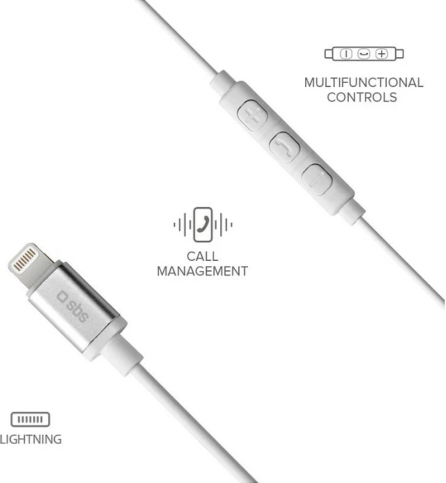 Kufje in-ear SBS Lightning, me kabllo 1.2 m, mikrofon dhe kontroll volumit, të bardha