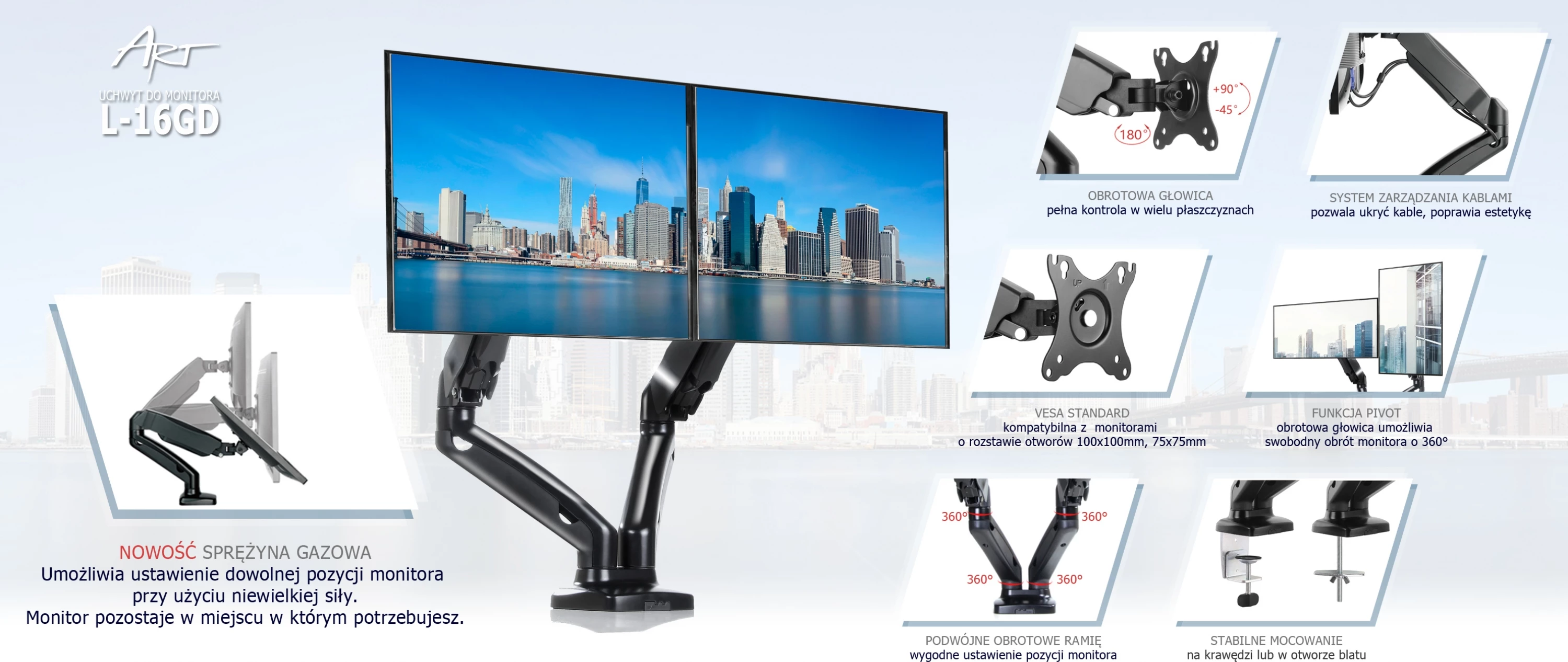 Mbajtëse tavoline për 2 monitorë Art RAMM L-16GD 13\"-27\", VESA 75x75/100x100, gaz-spring, e zezë