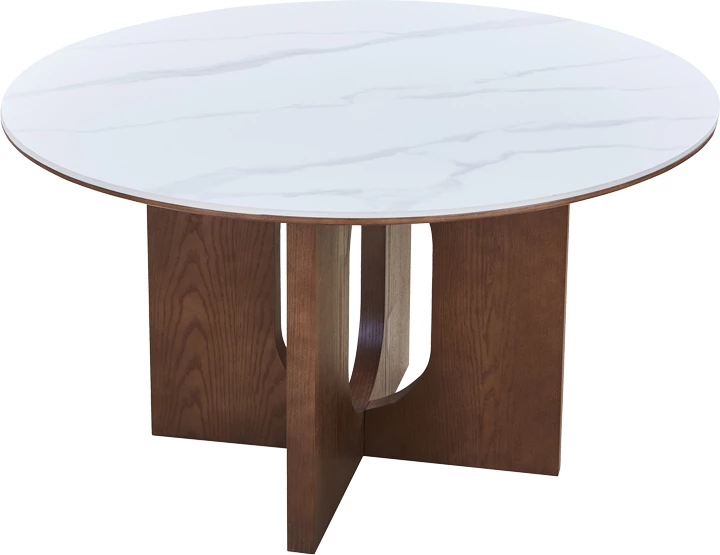 Tavolinë ngrënieje Merge, gur sintetik, MDF, ngjyrë mermeri të bardhë, bazë arre, D130x75cm