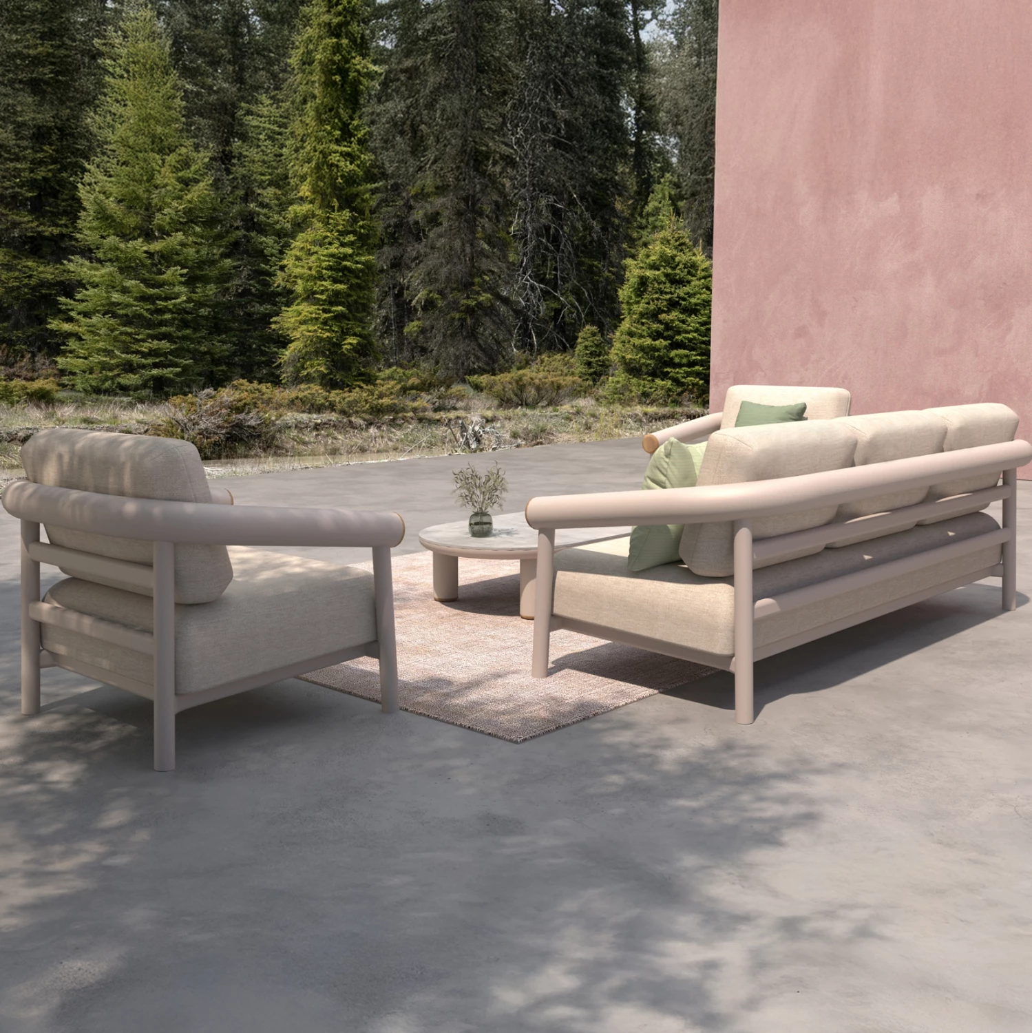 Set lounge për jashtë, 4 pjesë, Eutopia CD6237.02, alumin krem i bardhë, stof OLEFIN bezhë, tavolinë xhami e printuar gri