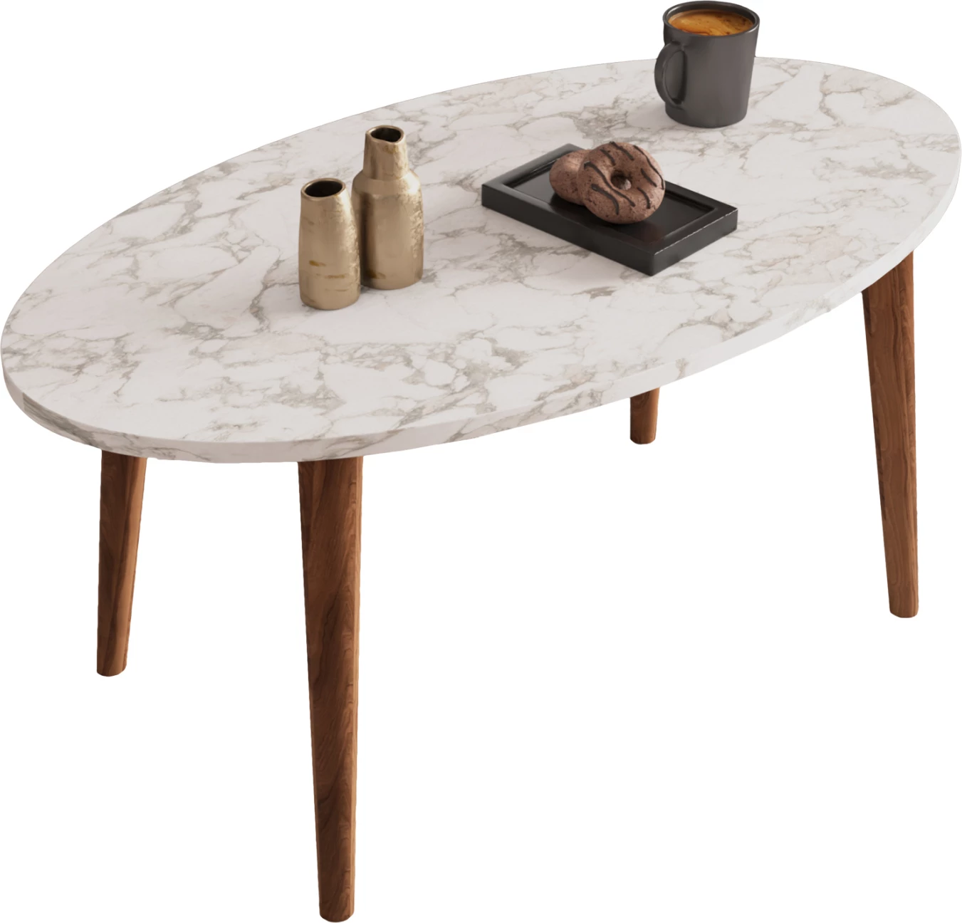 Set tavolinash kafeje dhe 3 tavolina anësore VITAL FH18180.03 melaminë, ngjyrë mermeri të bardhë, këmbë druri ngjyrë arre