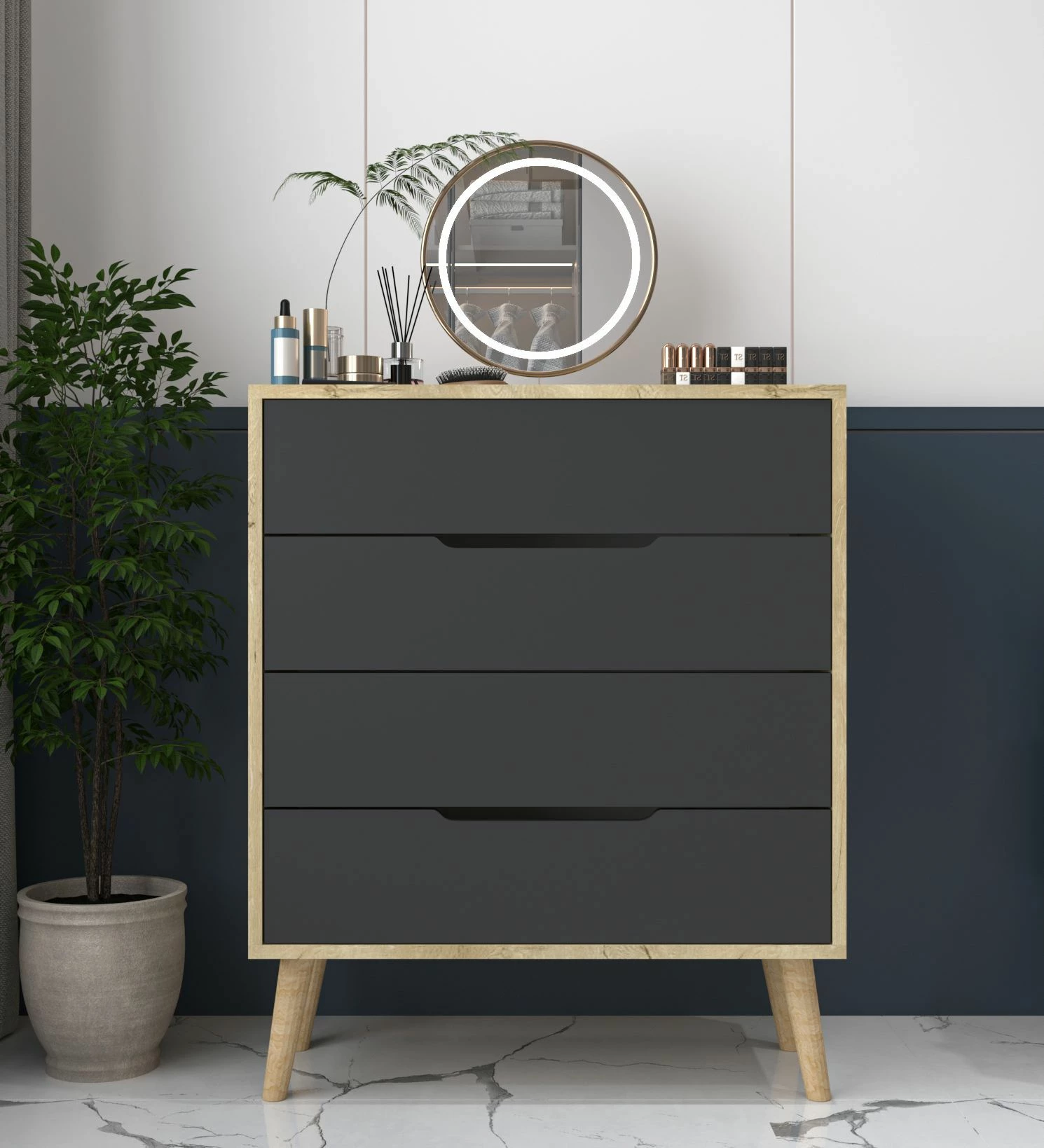 Komodë Skye Decor, ngjyrë lisi Sapphire, antracit