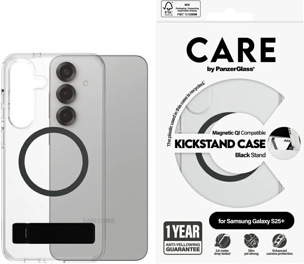 Mbështjellës PanzerGlass CARE Kickstand & QI për Samsung Galaxy S25+, Transparent