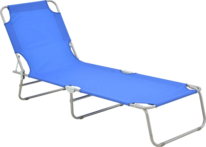 Shezlong metalik-tekstilen për plazh, ngjyrë argjendi-blu, 55x185x24cm