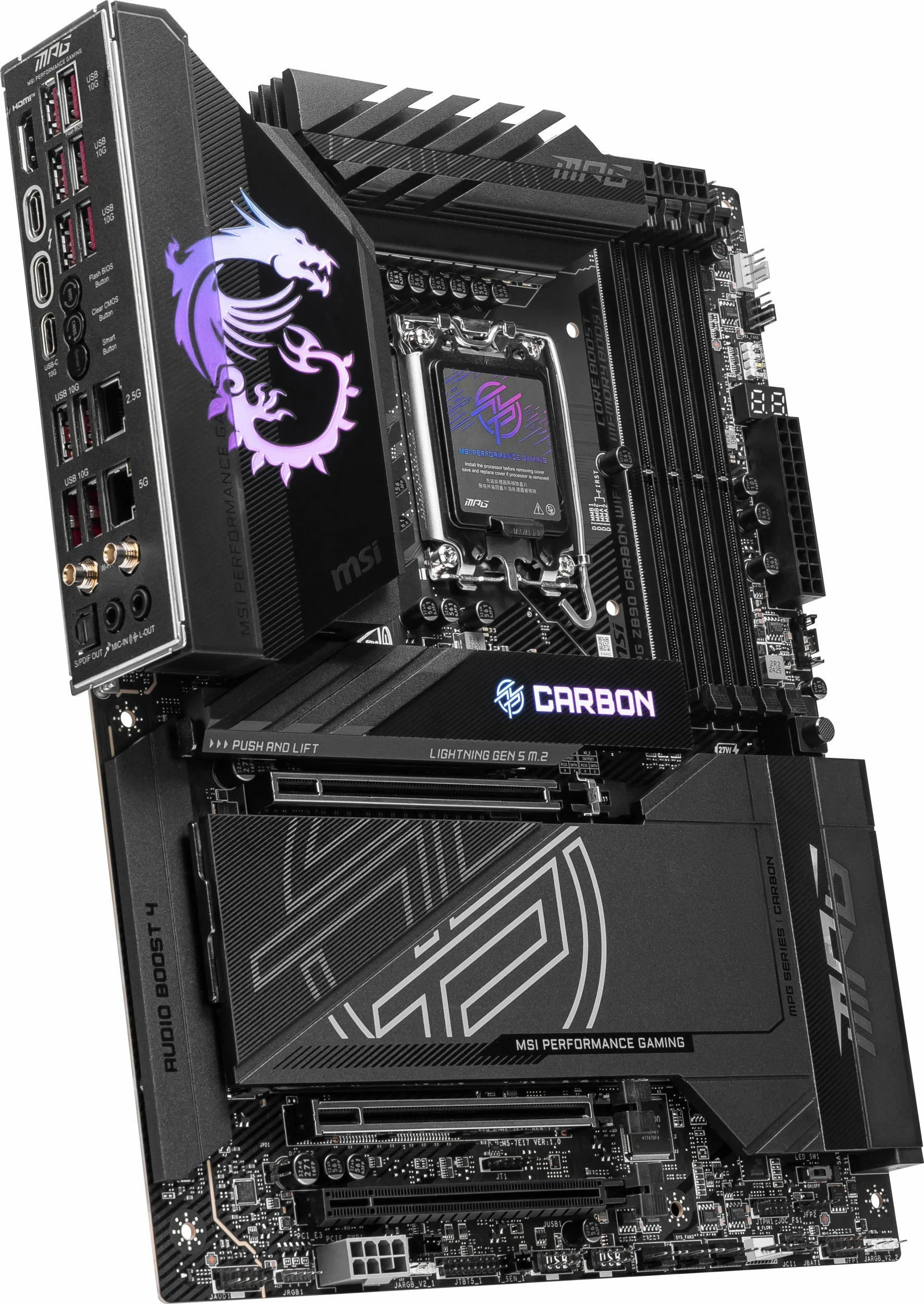 Pllakë amë MSI MPG Z890 CARBON WIFI, ATX, DDR5, Wi‑Fi 7, PCIe 5.0, e zezë, set me antenë WiFi + 2x kabllo SATA + pendrive