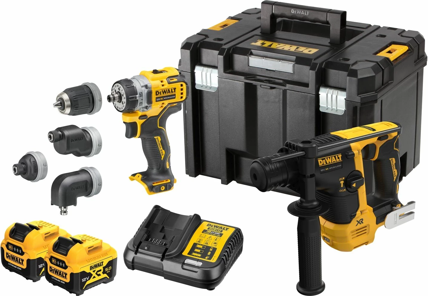 Set veglash me bateri, DeWalt DCK2101P2T, DCD703 + DCH072, 12V, 2x 5Ah, me karikues DCB112, me kuti TSTAK, e verdhë/zezë
