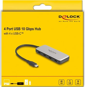 Hub USB-C DeLOCK, 4x USB-C, 10 Gbps, PD 85W, kabllo 15cm, zi/gri