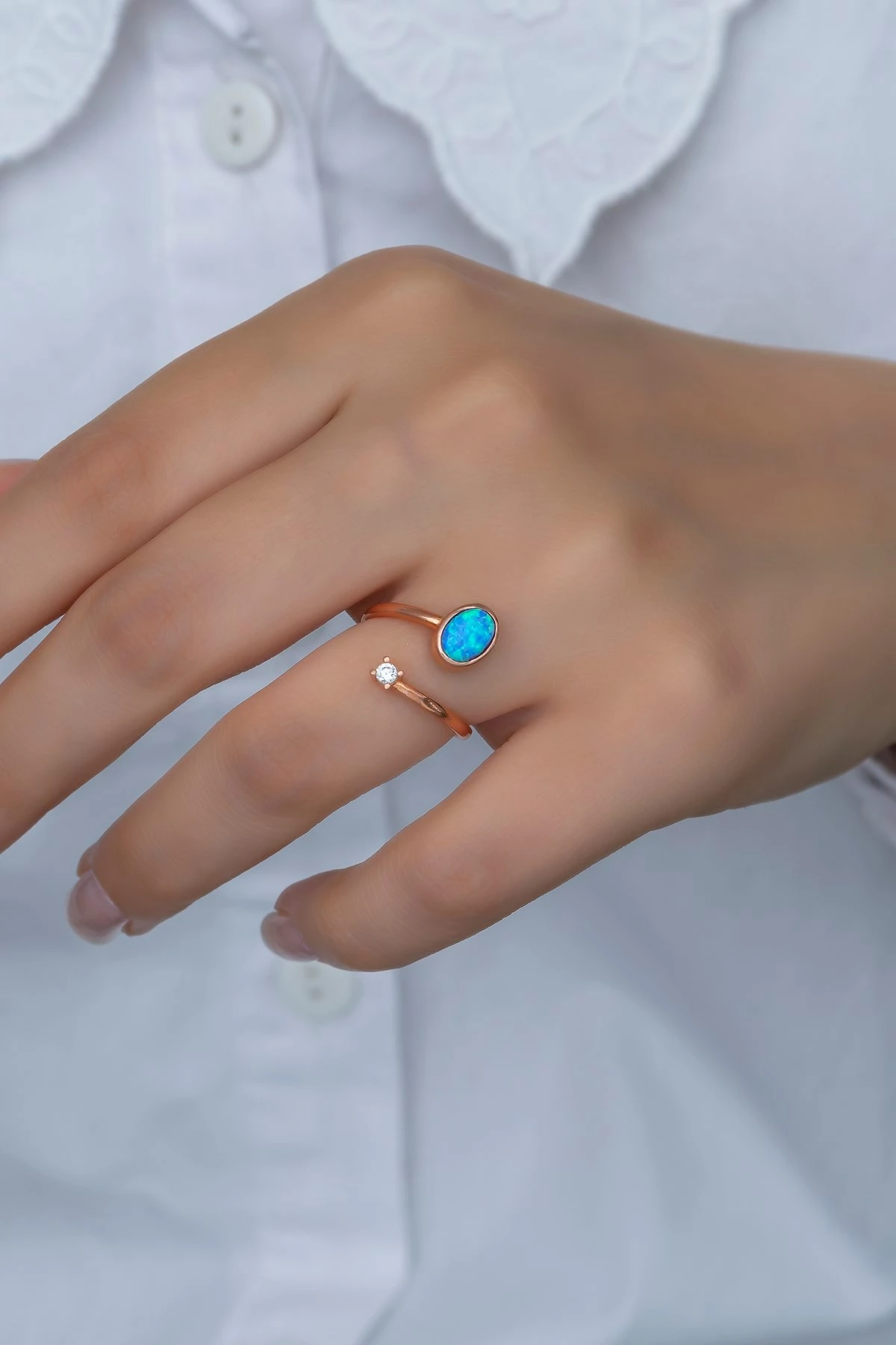 Unazë argjendi, Jumeon, NRZ99381, ngjyrë ari rozë, opal blu