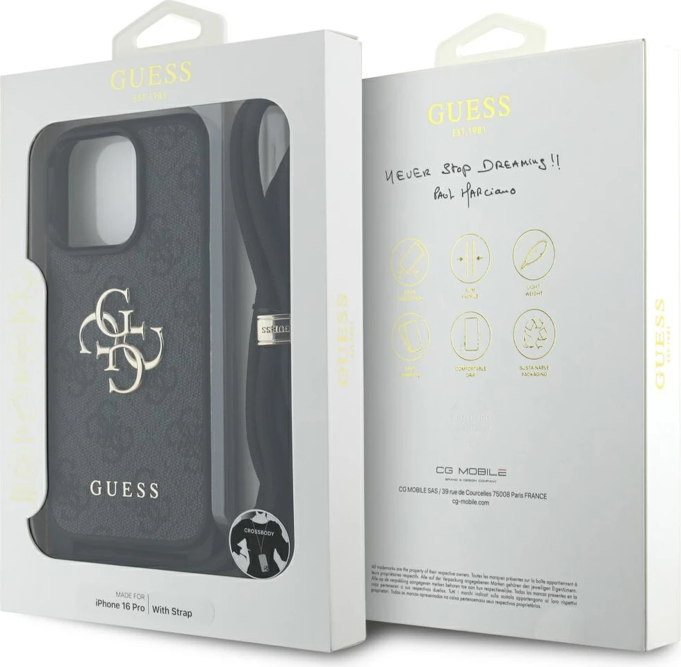 Mbështjellës Guess 4G Big Logo Cord Stap Crossbody për iPhone 16 Pro, e zezë