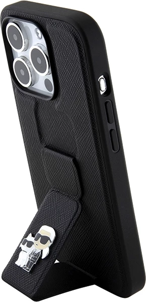 Mbështjellës Karl Lagerfeld Gripstand Saffiano Karl&Choupette Pins për iPhone 15 Pro Max, i zi