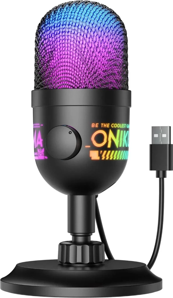 Mikrofon Gaming Onikuma RGB me Çelës Volumi, me ndriçim modern LED/RGB, për muzikë, thirrje dhe argëtim, e zezë me ndriçim rgb