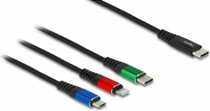 Kabllo karikimi DeLOCK 3n1 USB-C në Lightning/Micro-USB/USB-C, 1 m, USB 2.0, deri 3A, e zezë/kuqe/blu/gjelbër