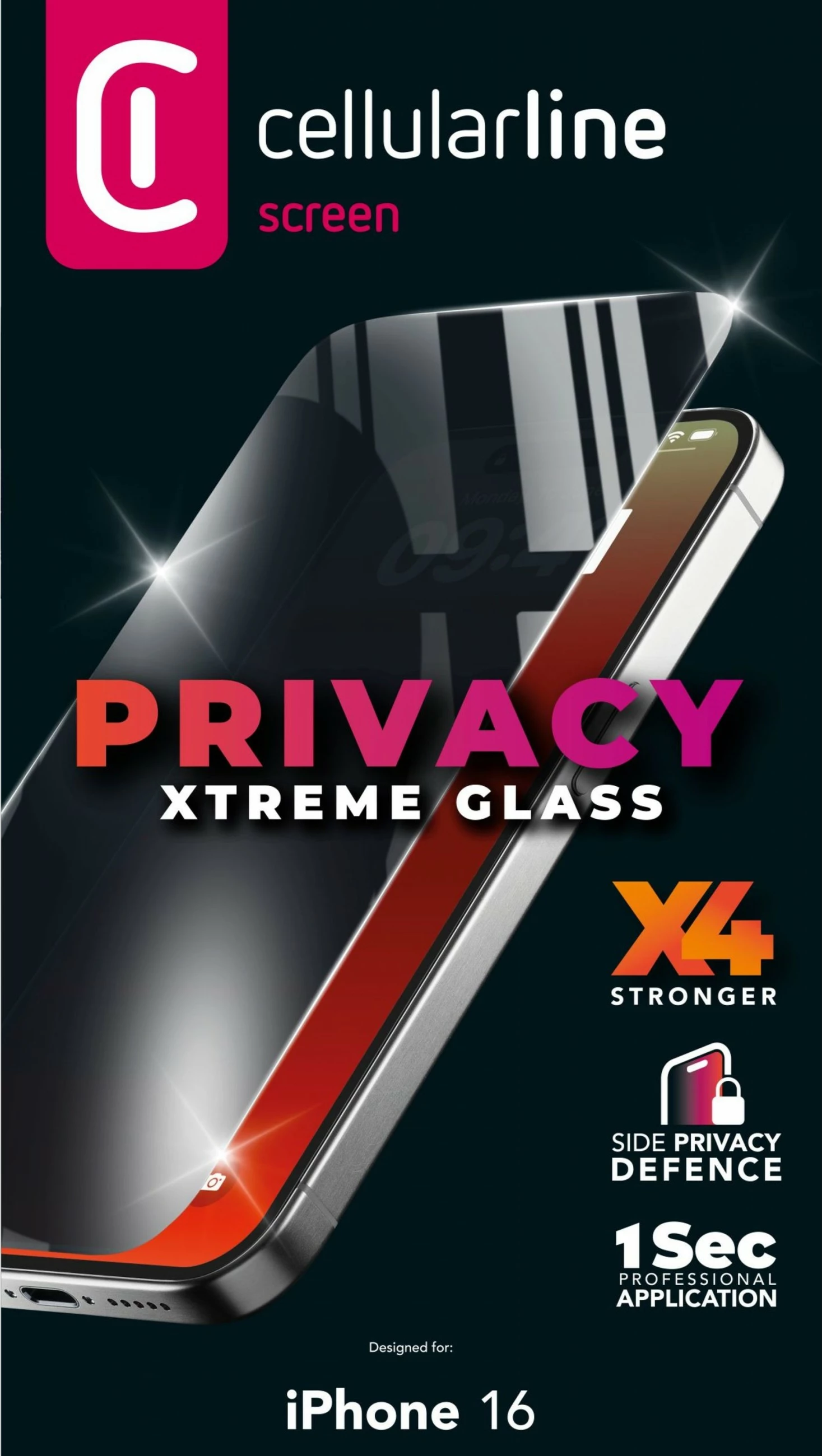 Mbrojtës ekrani privatësie Cellular Line Xtreme Glass për iPhone 16, xham i temperuar, transparent