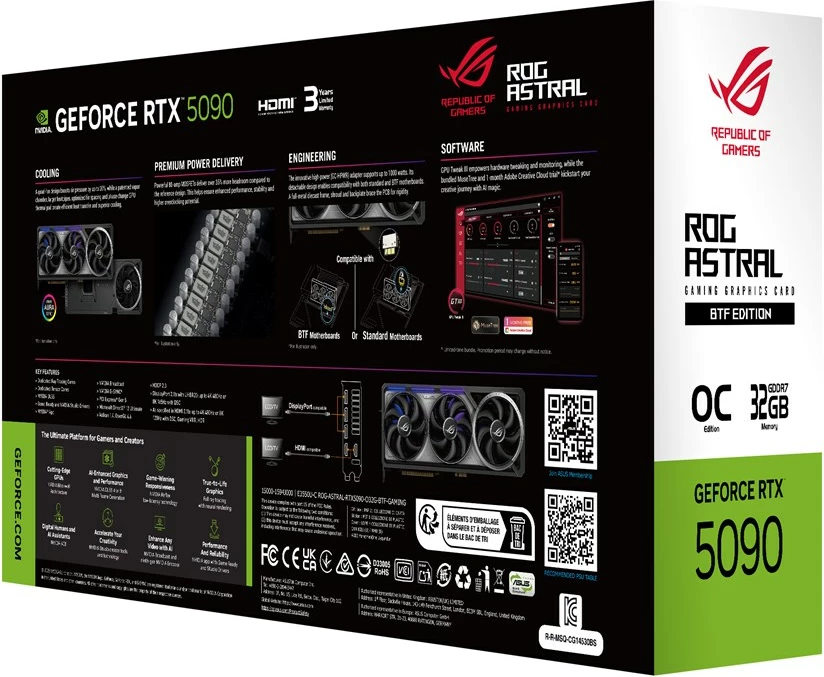Kartelë grafike ASUS ROG ASTRAL RTX5090 O32G BTF GAMING, 32 GB GDDR7, e zezë