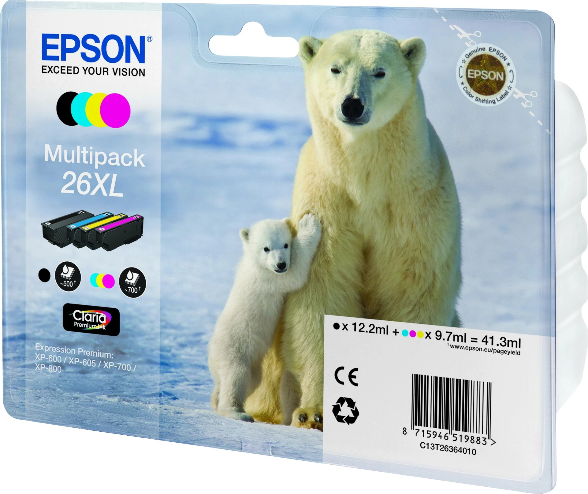 Multipack bojë Epson Polar Bear 26XL, 4 ngjyra, Claria Premium Ink, e zezë, cian, magenta, e verdhë