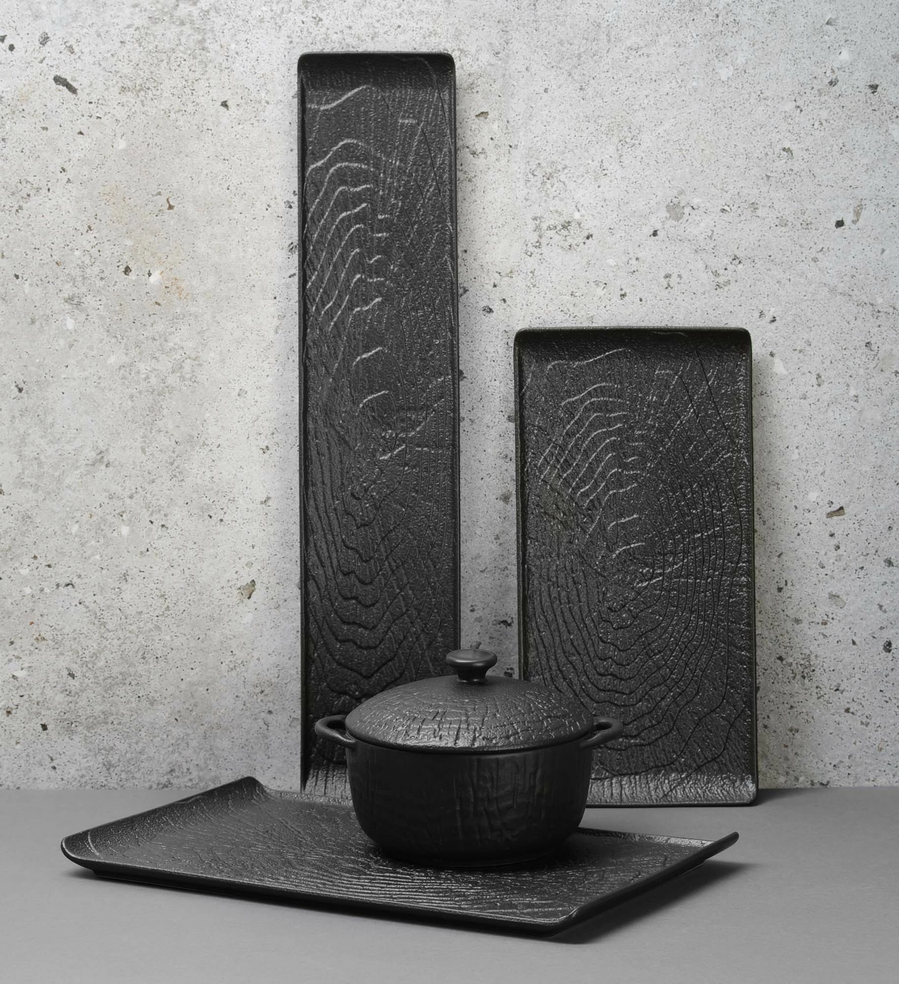 Pjatë servimi me dorëzë Fine Dine Crust 300x220x30 mm, porcelan, e zezë, set 3 copë