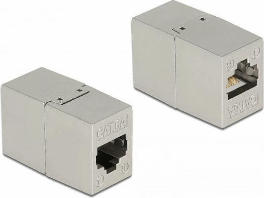Adapter rrjeti DeLOCK RJ45 në RJ45 Cat6A, female-female, metal, i rrafshët, 2 copë, gri