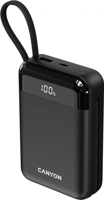 Power bank CANYON OnPower 204 20000 mAh 22.5 W, kabllo e integrume USB-C/Lightning, e zezë