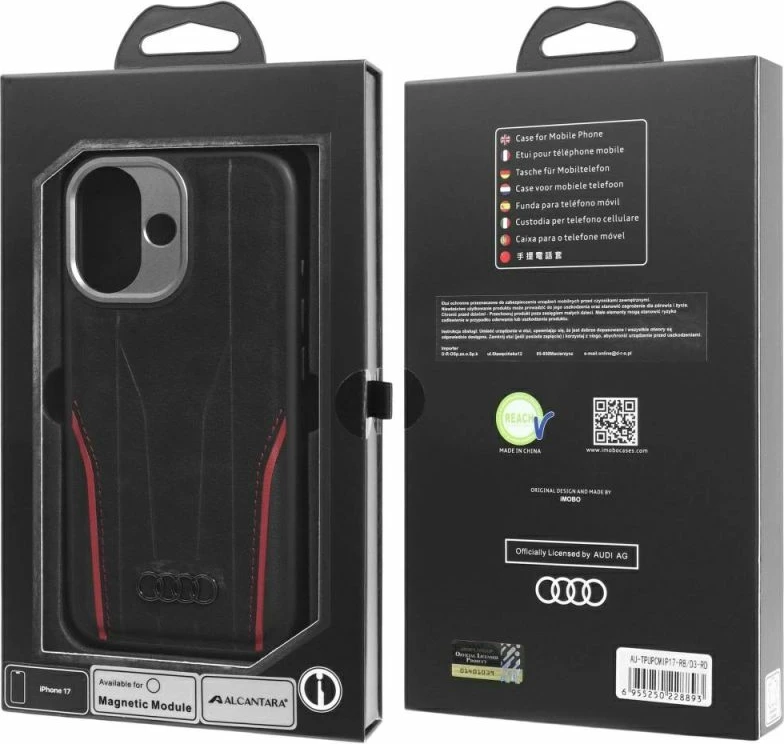 Kapak telefoni Audi R8 Genuine Leather për iPhone 17, zi e kuqe