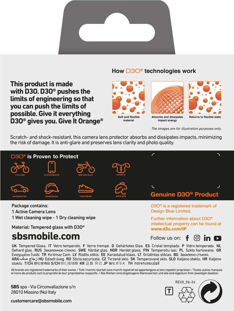 Xham i temperuar për kamerë SBS Active D3O për iPhone 16 Pro / 16 Pro Max, Transparent