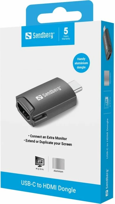 Adapter dongle USB-C në HDMI Sandberg 136-34, 4K/30Hz, alumini, gri