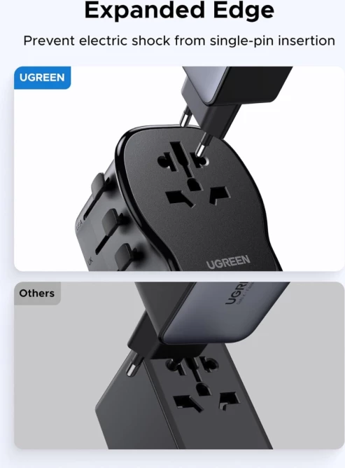 Adapter udhëtimi universal UGREEN 55001 (S550) 65W GaN, 2x USB-C + 1x USB-A, prizë AC universale, EU/UK/US/AU, i zi