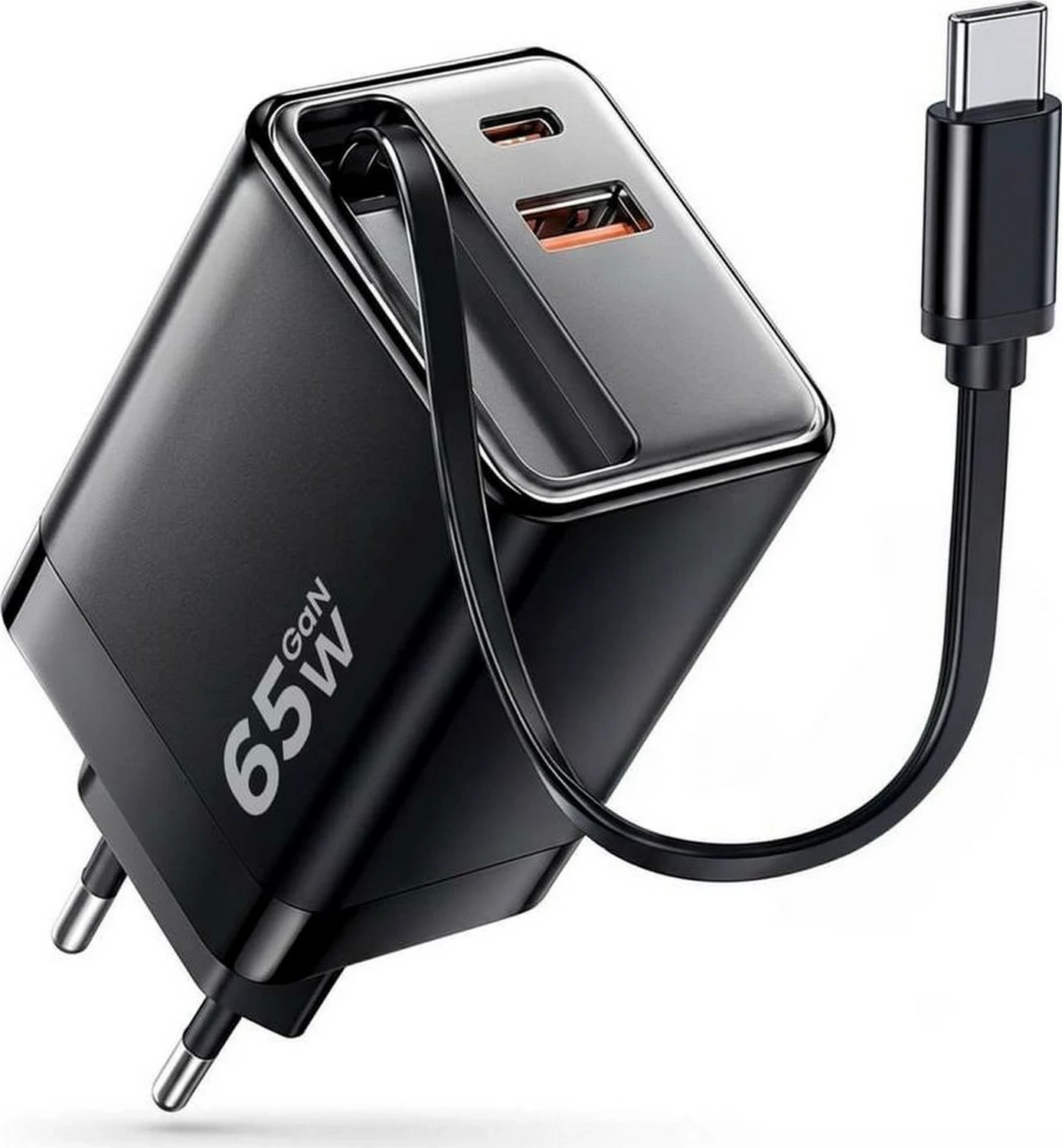 Karikues rrjeti Teltech TCH-11, 65W, 1x kabllo USB-C e integruar + USB-C + USB-A, i zi