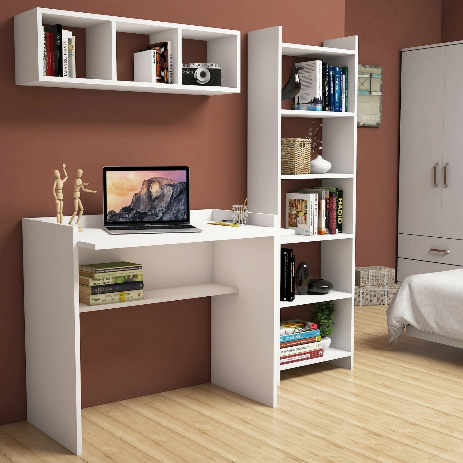 Set tavoline studimi me raft librash, ngjyrë e bardhë, Hanah Home Matilda