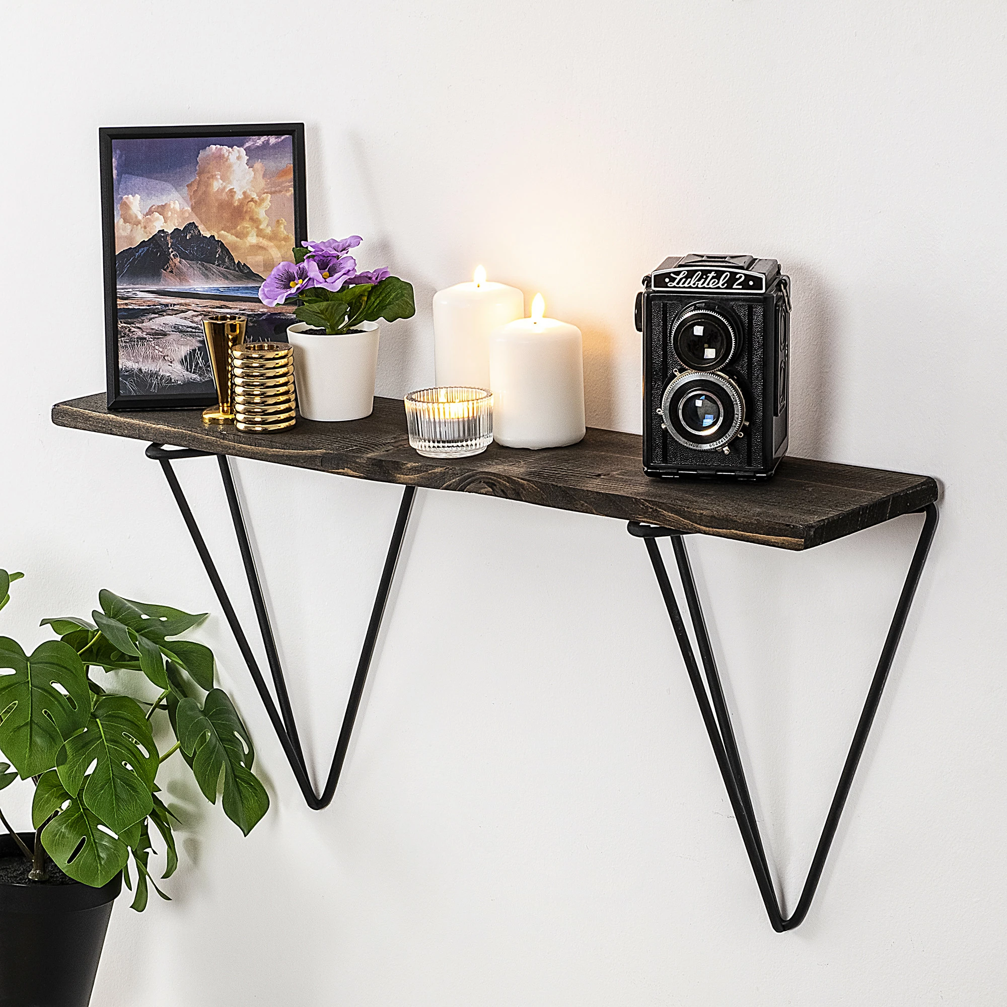 Raft muri industrial, dru bredhi, kornizë metalike, ngjyrë e zezë dhe arre e errët, Gladiolus, 60x30x15cm