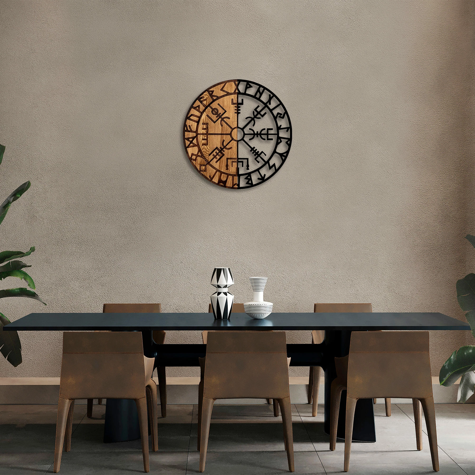 Aksesor dekorativ prej druri për mur, Wallity Vegvisir - 331, ngjyrë e zezë dhe arre, 56cm