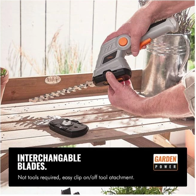 Gërshërë pa kabllo për gardh dhe bar VONHAUS 2500257 2-në-1, teh 170 mm + 90 mm, dorezë teleskopike 85–113 cm, gri/portokalli