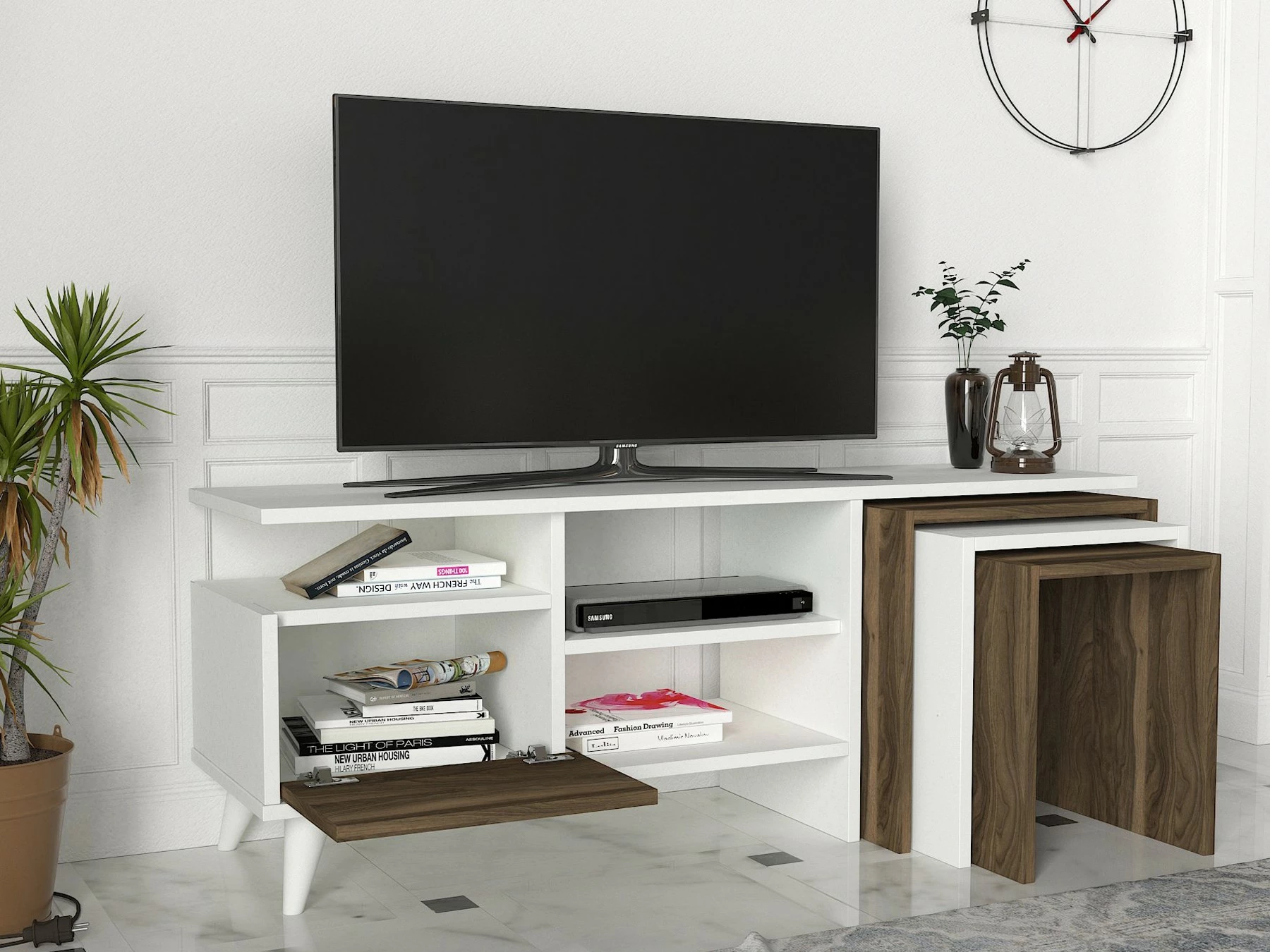 Njësi TV Skye Decor, ngjyrë natyrale - e bardhë, arre