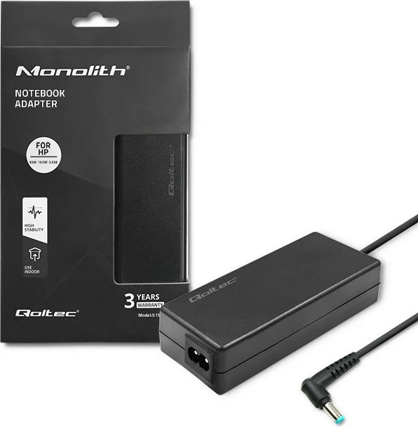 Adapter rryme për laptop Qoltec 51555, 65W, 19.5V, 3.33A, 4.5x3.0 mm, i zi