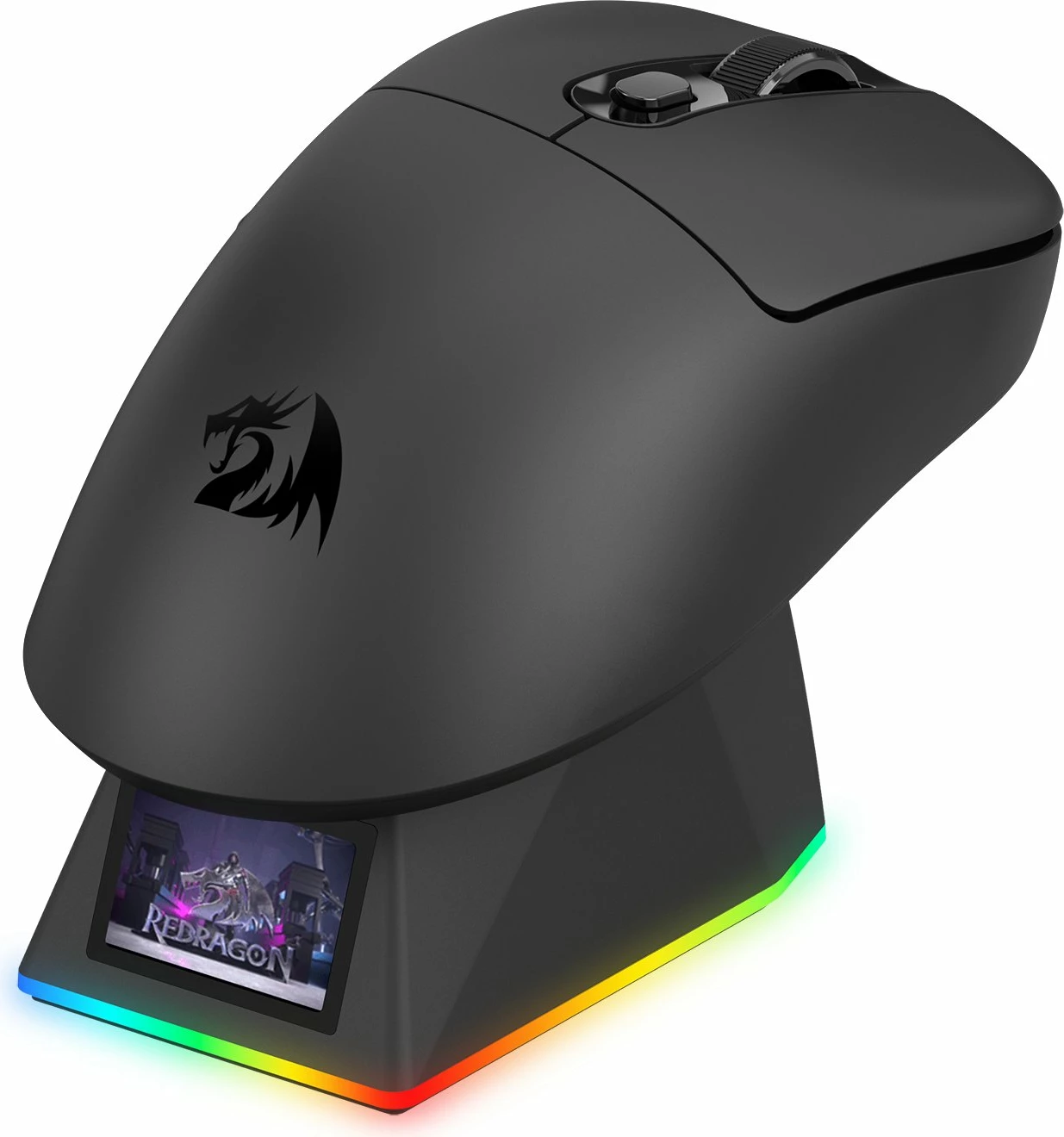 Maus Redragon Ebony Ultra M998-ULT 8K, 30000 DPI, tri-mode (USB/2.4GHz/Bluetooth), 6 butona, 61 g, me stacion karikimi magnetik RGB me LCD, i zi, set 2 copë