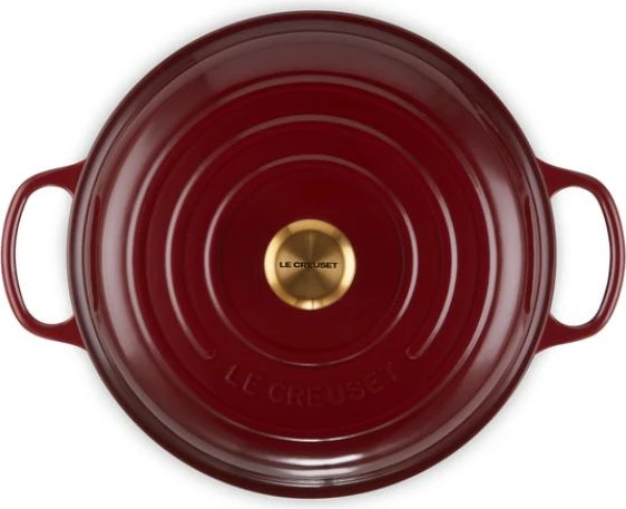 kaserolë e cekët gize, Le Creuset Signature 30 cm, model 21180309494441, me kapak, Rhone e kuqe