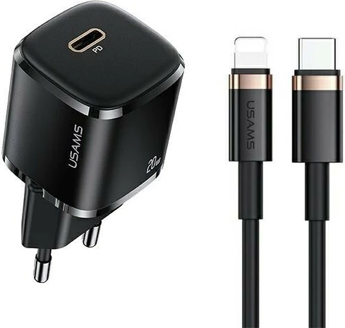 Karikues rrjeti USAMS T36, 20W, 1x USB-C, me kabllo USB-C në Lightning, i zi