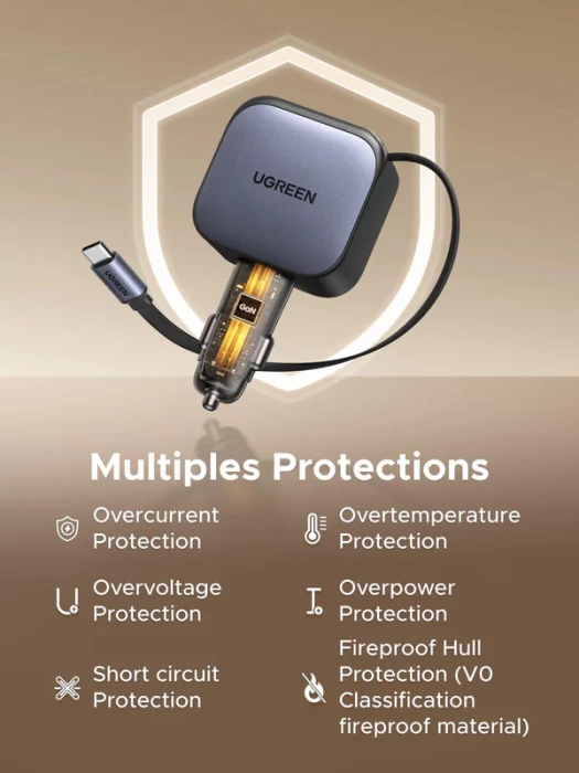 Karikues veture UGREEN Nexode 55909B 90W me kabllo USB-C të integruar retraktabile, Space Gray