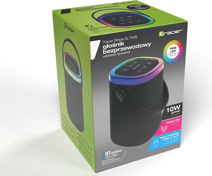 Altoparlant portativ, Tracer Stripe XL TWS BT RGB (TRAGLO47615), 10W RMS, Bluetooth 5.3, IPX5, FM radio, 1800 mAh/deri 4 orë, i zi