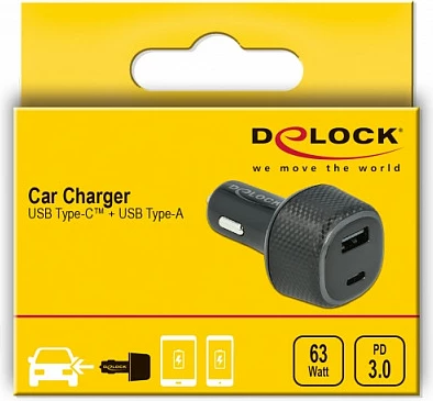 Karikues veture DeLOCK, USB-C PD 3.0 + USB-A, 63 W, 12-24 V, i zi