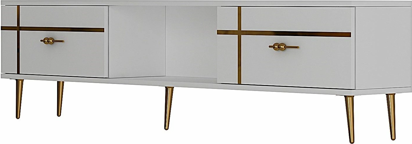 Komodë TV Skye Decor, ngjyrë e bardhë, detaje të arta