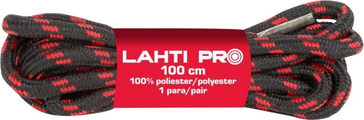 Lidhëse këpucësh të rrumbullakëta Lahti Pro L9040100 100 cm, Ø4 mm, poliester, zi-kuqe, 10 copë