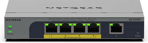Switch NETGEAR GS105EP, 5x Gigabit, 4x PoE+ 63W, Easy Smart, metal, gri