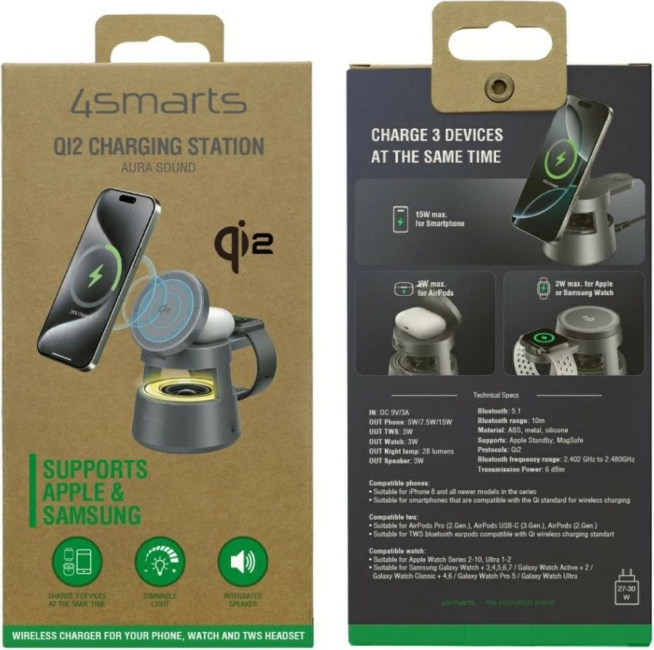 Stacion karikimi me valë 4smarts Aura Sound Qi2 30W, 3-në-1 për telefon, orë Apple/Samsung dhe kufje, altoparlant i integruar, dritë LED me 3 nivele, gri