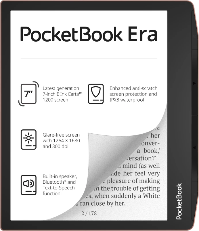 Lexues elektronik PocketBook Era PB700-U-16-WW-B 7 inç E Ink 300 dpi 16GB Bluetooth IPX8, Argjend/Zi