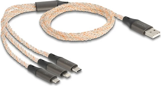 Kabllo karikimi DeLOCK USB RGB 3-n-1, USB-A në Lightning/Micro-USB/USB-C, 1.2 m, transparente