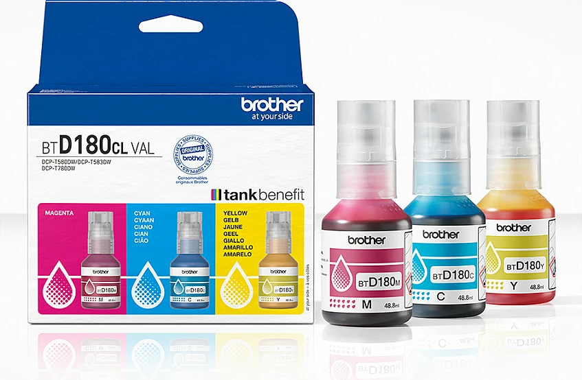 Bojë originale Brother BTD180CLVAL, shishe boje CMY, 3 copë, 5000 faqe, për DCP-T580DW/T583DW/T780DW, Cyan/Magenta/Yellow