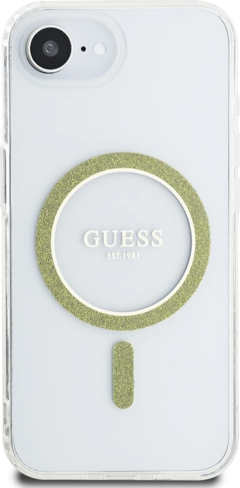 Mbështjellës Guess IML Glitter Circle MagSafe për iPhone 16e, Transparent