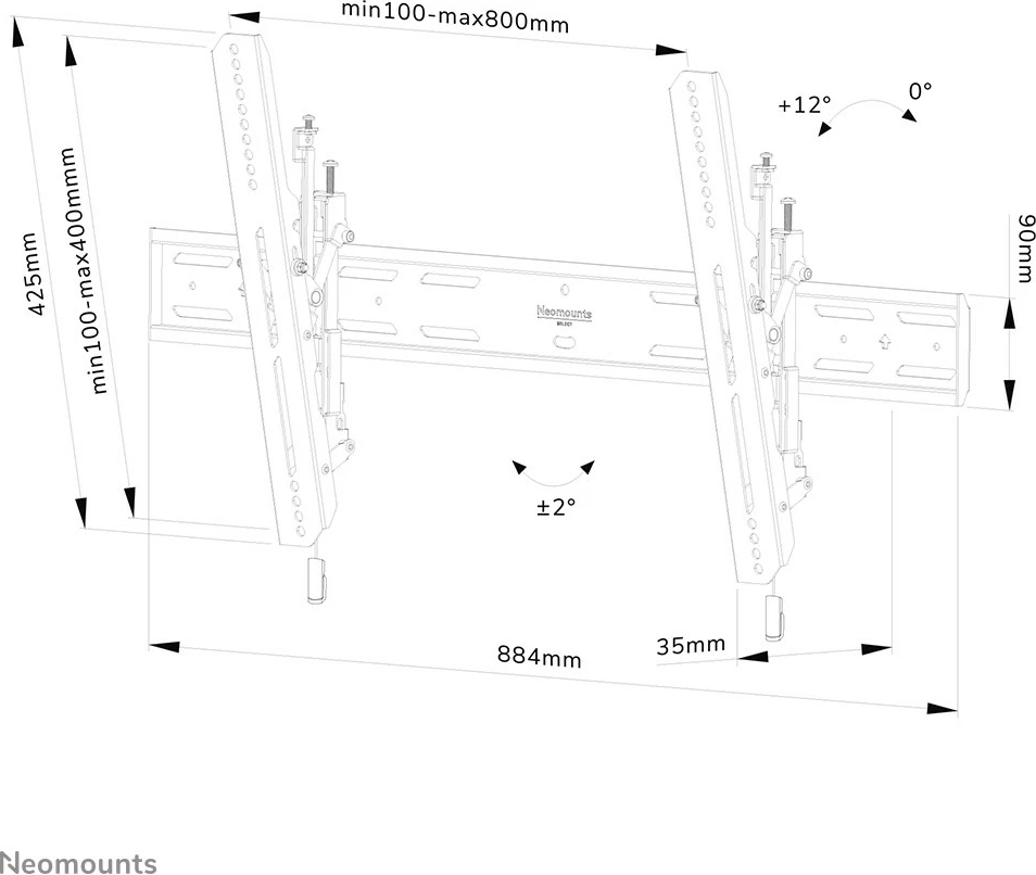 Mbajtës muri për TV Neomounts WL35S-850BL18, 2.18 m (86"), 100 x 100 mm, 800 x 400 mm, 0 - 12°, Çelik, E zezë