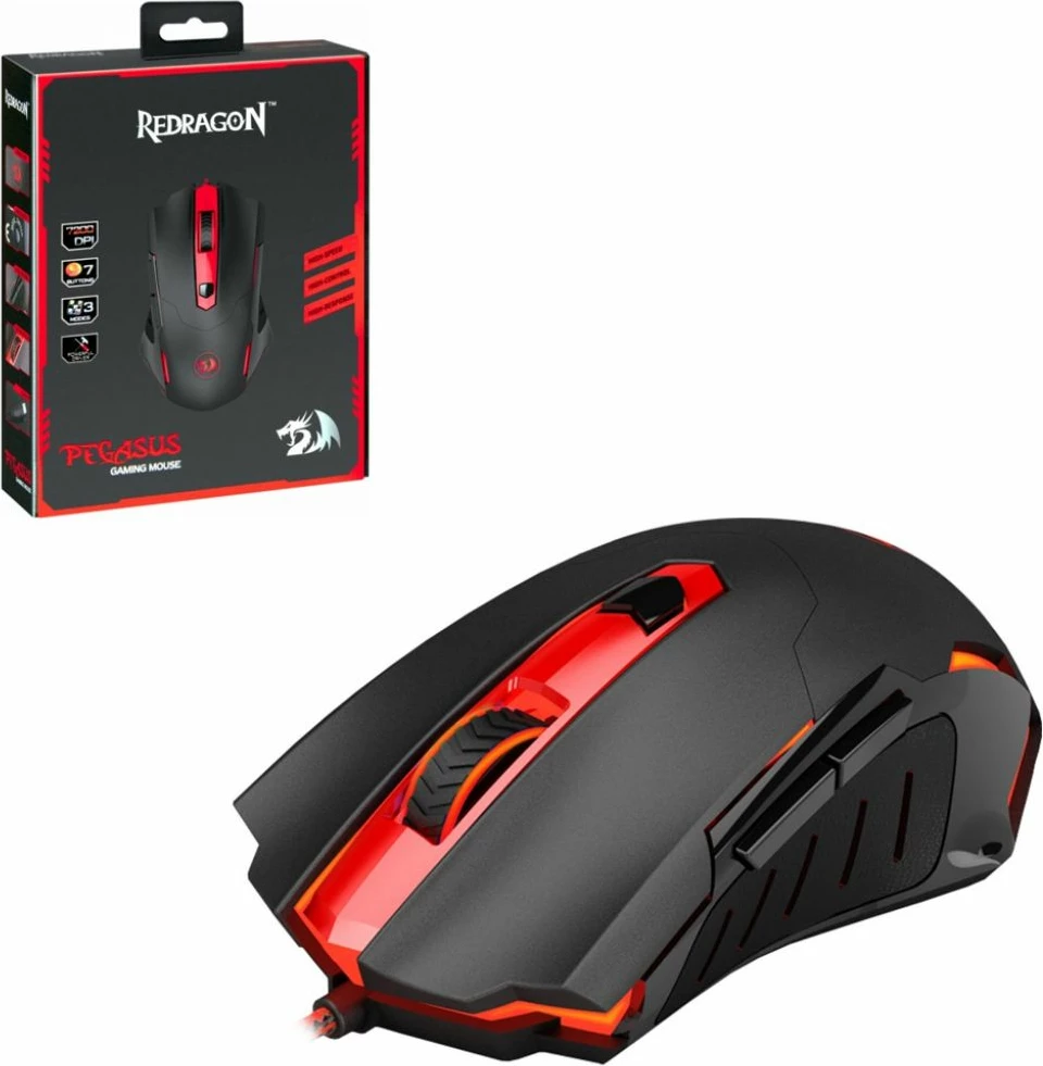 Maus gaming Redragon Pegasus M612 7200 DPI, 7 butona, USB me kabllo, RGB, zi/kuqe