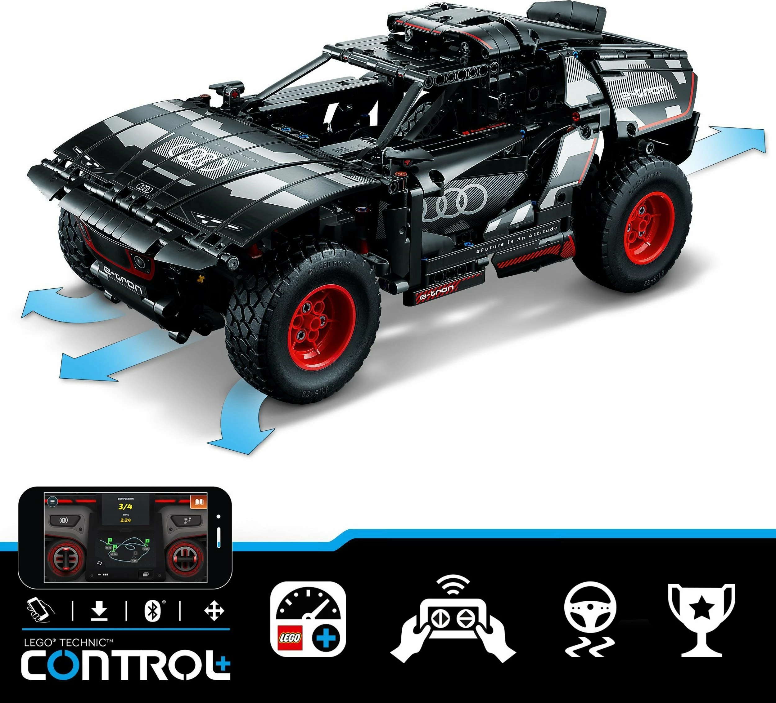 Set LEGO Technic Audi RS Q e-tron 42160, 914 copë, RC me CONTROL+ app, 10+, e zezë/kuqe